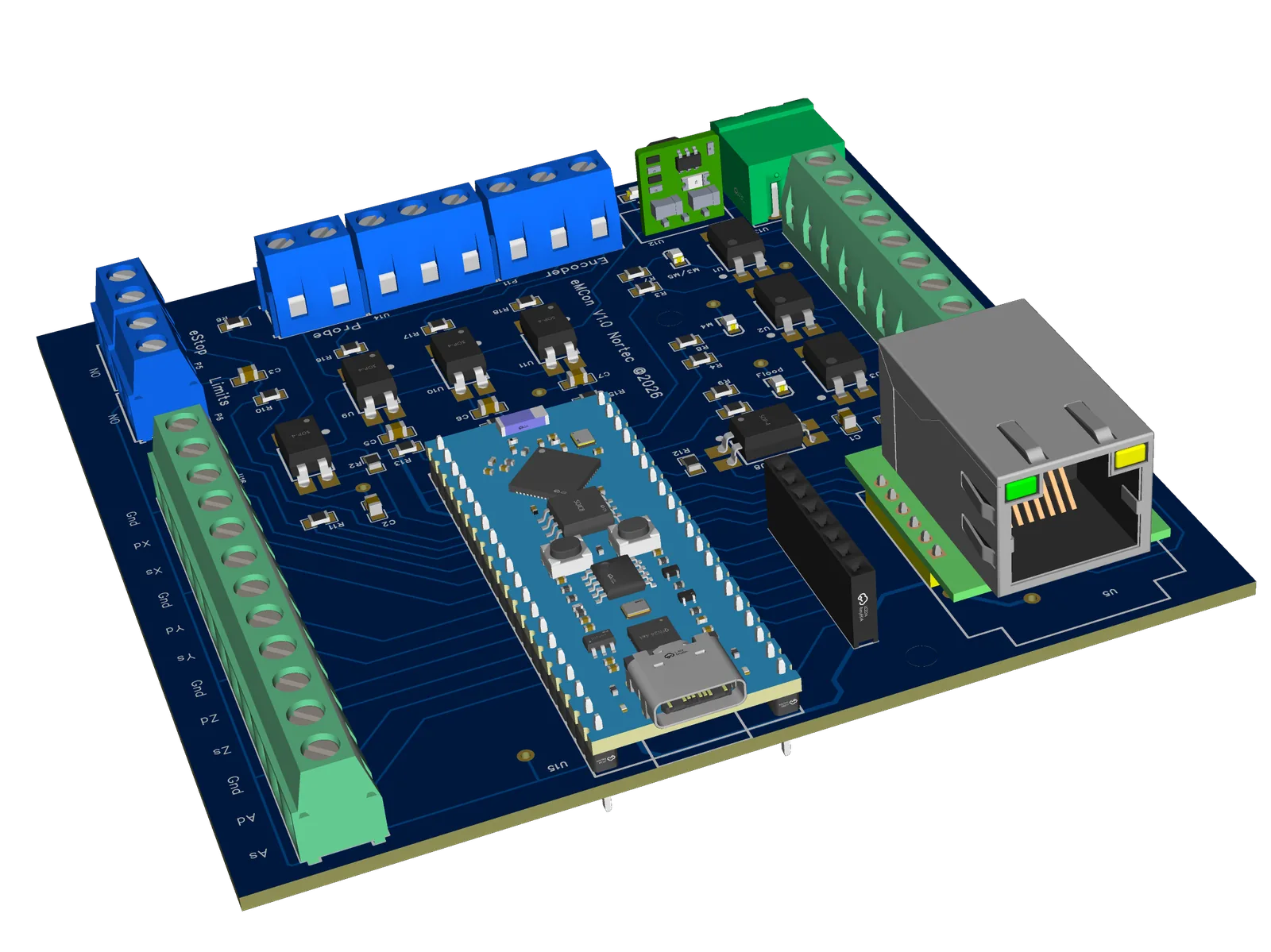 Render 3D — entradas de seguridad y salidas de husillo