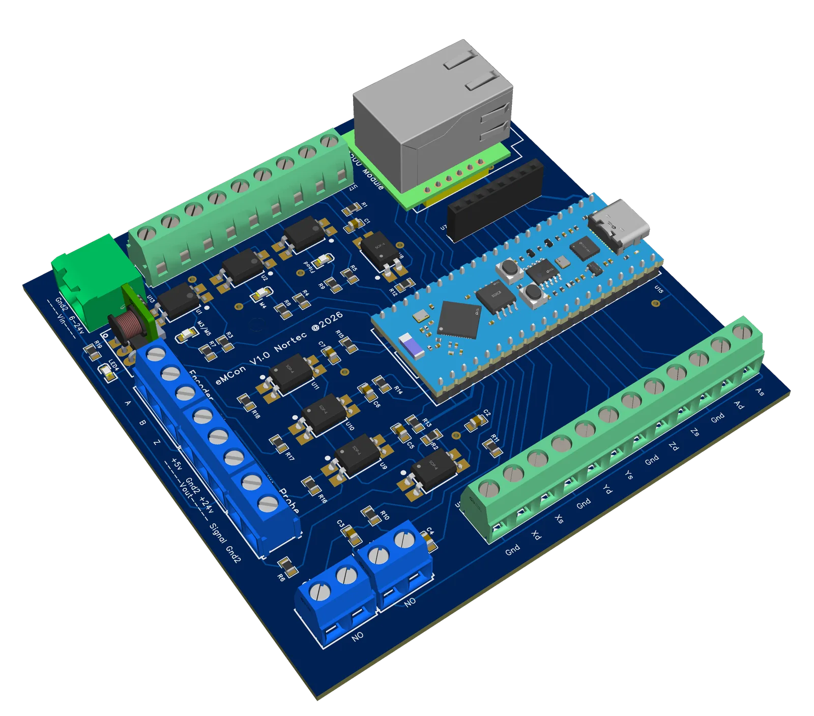 Render 3D de la controladora eMCon V1.0 — vista general