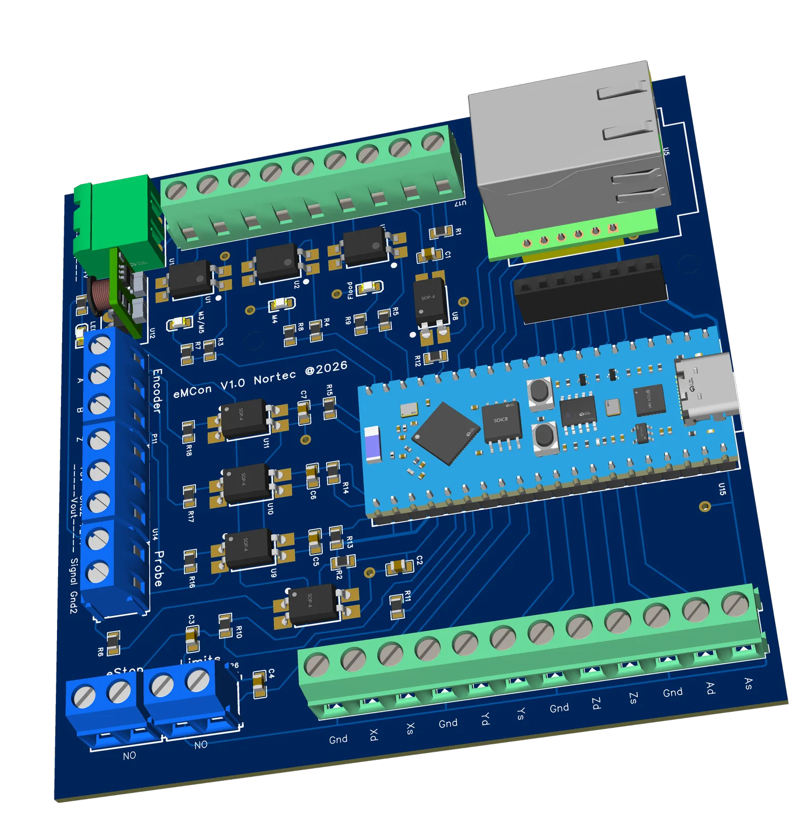Render 3D — conectores de ejes, encoder y probe