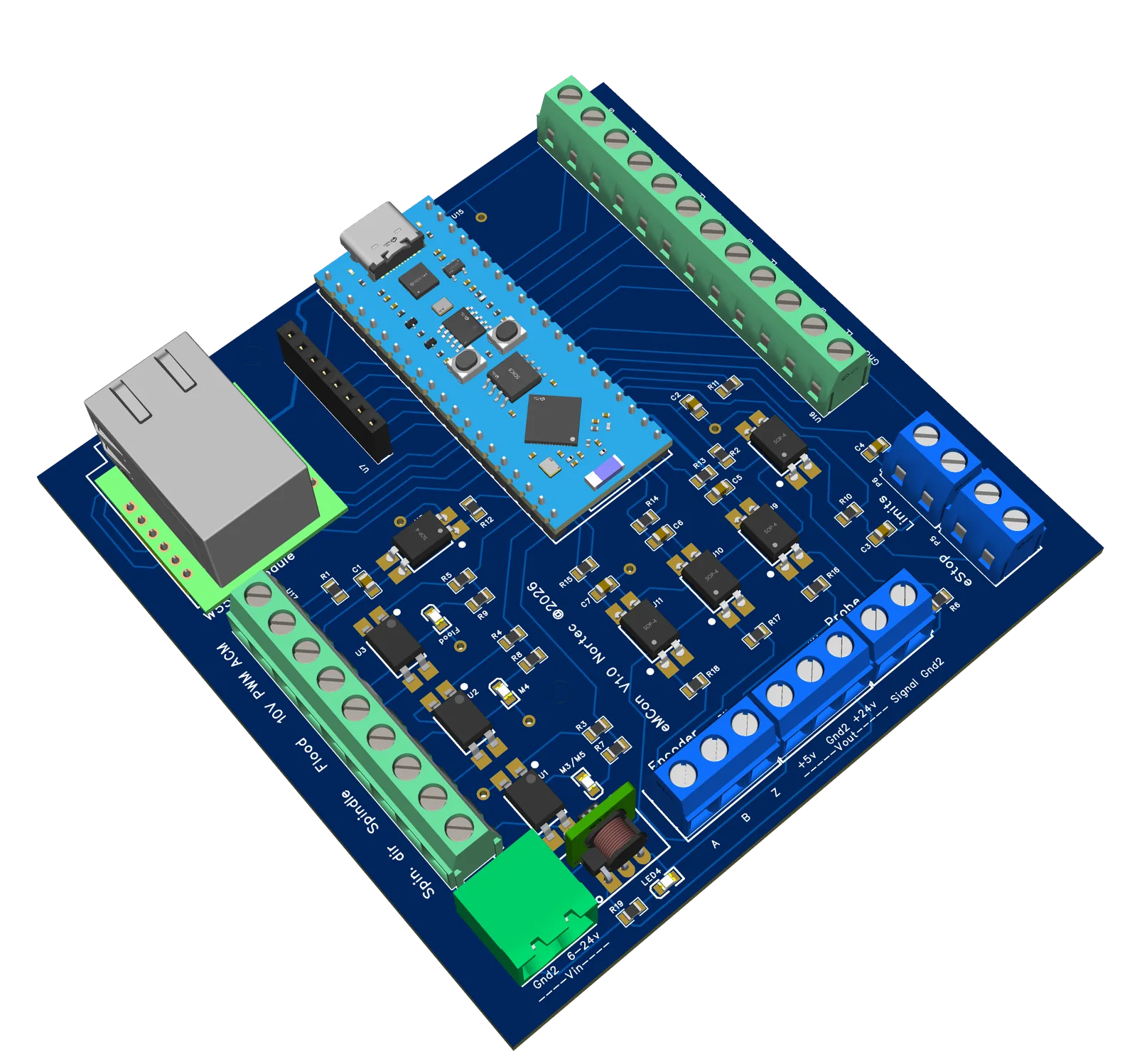Render 3D — MCU ESP32-S3 y módulo Ethernet W5500